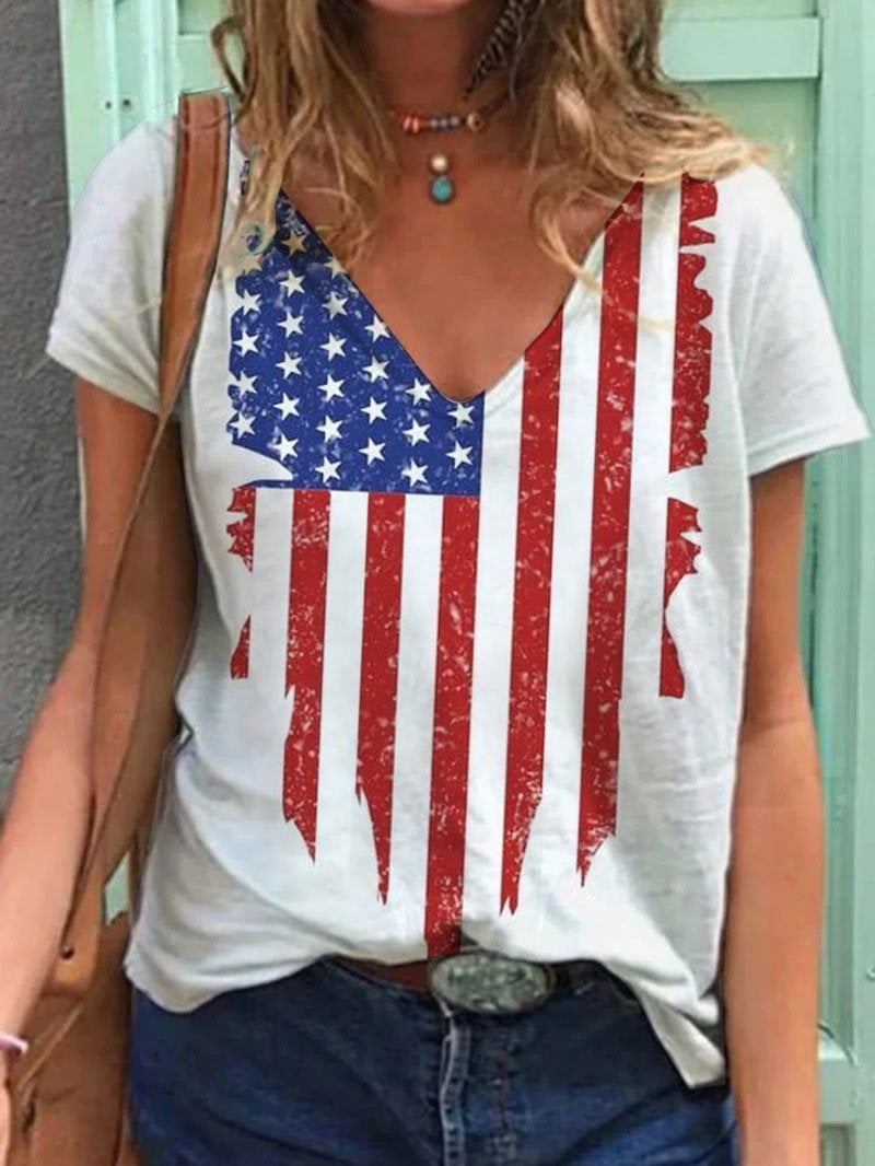Stars And Stripes Printed Short Sleeve V-neck T-shirt - T-Shirts - INS | Online Fashion Free Shipping Clothing, Dresses, Tops, Shoes - 01/06/2021 - Category_T-Shirts - Color_White