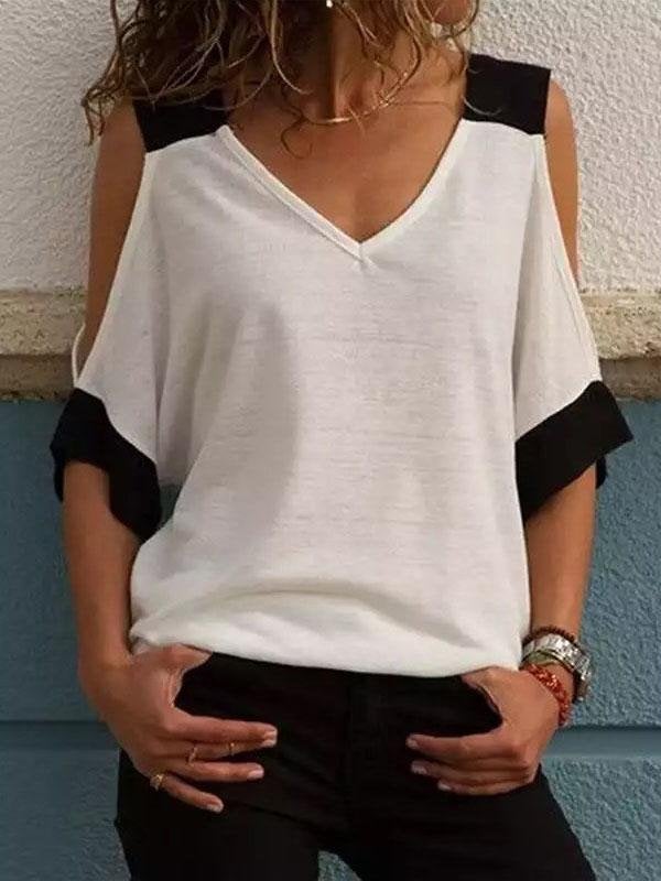 Stitching Contrast Off-shoulder V-neck T-shirt - T-shirts - INS | Online Fashion Free Shipping Clothing, Dresses, Tops, Shoes - 10-20 - 28/06/2021 - color-orange