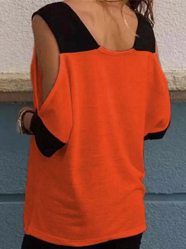 Stitching Contrast Off-shoulder V-neck T-shirt - T-shirts - INS | Online Fashion Free Shipping Clothing, Dresses, Tops, Shoes - 10-20 - 28/06/2021 - color-orange