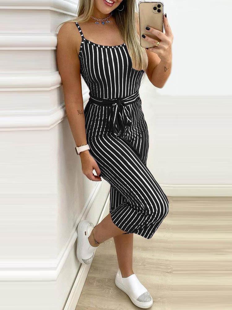 Striped Colorblock Cropped Jumpsuit With Belt - Jumpsuits & Rompers - INS | Online Fashion Free Shipping Clothing, Dresses, Tops, Shoes - 29/04/2021 - Color_Black - Color_Multicolor