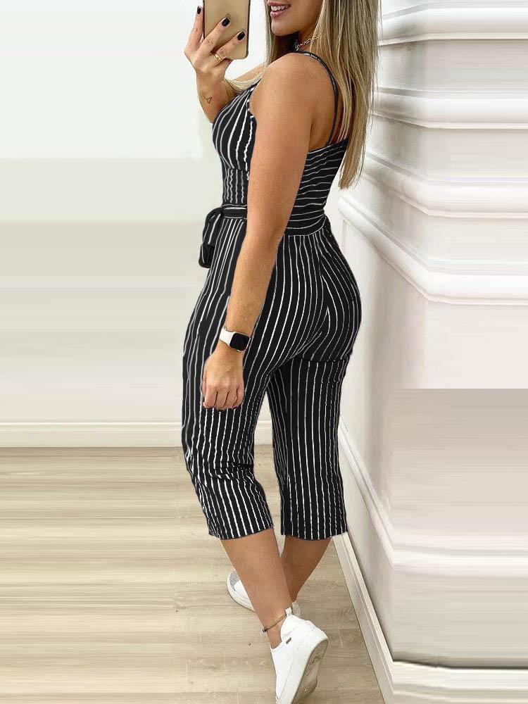 Striped Colorblock Cropped Jumpsuit With Belt - Jumpsuits & Rompers - INS | Online Fashion Free Shipping Clothing, Dresses, Tops, Shoes - 29/04/2021 - Color_Black - Color_Multicolor
