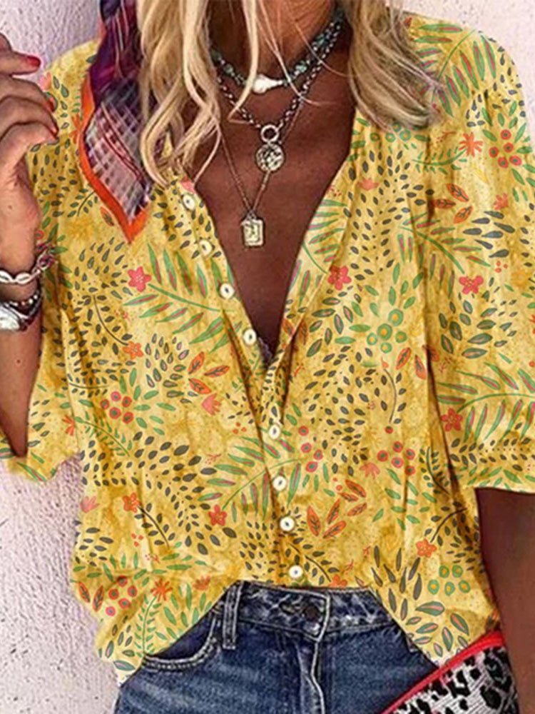 Women's Blouses Button Lapel Botanical Print Blouse - Blouses - Instastyled | Online Fashion Free Shipping Clothing, Dresses, Tops, Shoes - 15/02/2022 - 30-40 - BLO2202151577