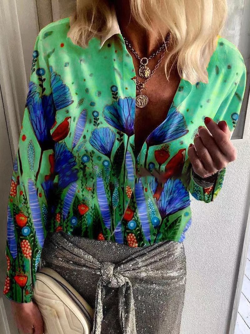 Women's Blouses Casual Print Lapel Long Sleeve Blouse - Blouses - INS | Online Fashion Free Shipping Clothing, Dresses, Tops, Shoes - 20-30 - 22/11/2021 - BLO2111221447