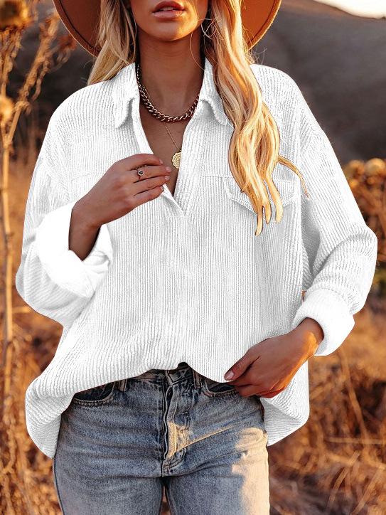 Women's Blouses Corduroy Lapel Long Sleeve Casual Blouse - Blouses - INS | Online Fashion Free Shipping Clothing, Dresses, Tops, Shoes - 18/11/2021 - 20-30 - BLO2111181441
