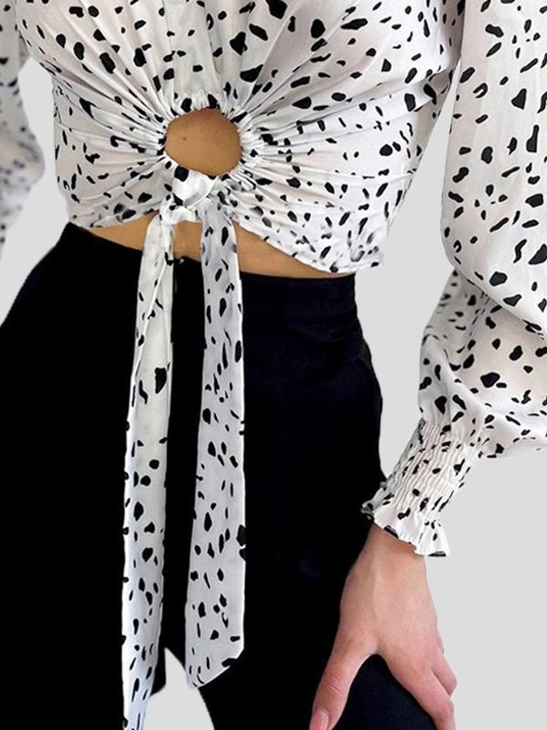 Women's Blouses Cow Pattern V-Neck Tie Hollow Long Sleeve Crop Blouse - Blouses - INS | Online Fashion Free Shipping Clothing, Dresses, Tops, Shoes - 16/11/2021 - 30-40 - BLO2111161434