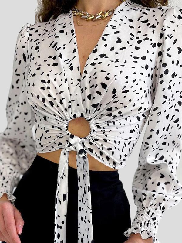 Women's Blouses Cow Pattern V-Neck Tie Hollow Long Sleeve Crop Blouse - Blouses - INS | Online Fashion Free Shipping Clothing, Dresses, Tops, Shoes - 16/11/2021 - 30-40 - BLO2111161434