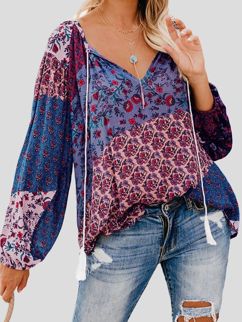 Women's Blouses Floral Print V-Neck Drawstring Long Sleeve Blouse - Blouses - INS | Online Fashion Free Shipping Clothing, Dresses, Tops, Shoes - 13/10/2021 - 20-30 - BLO2110131369