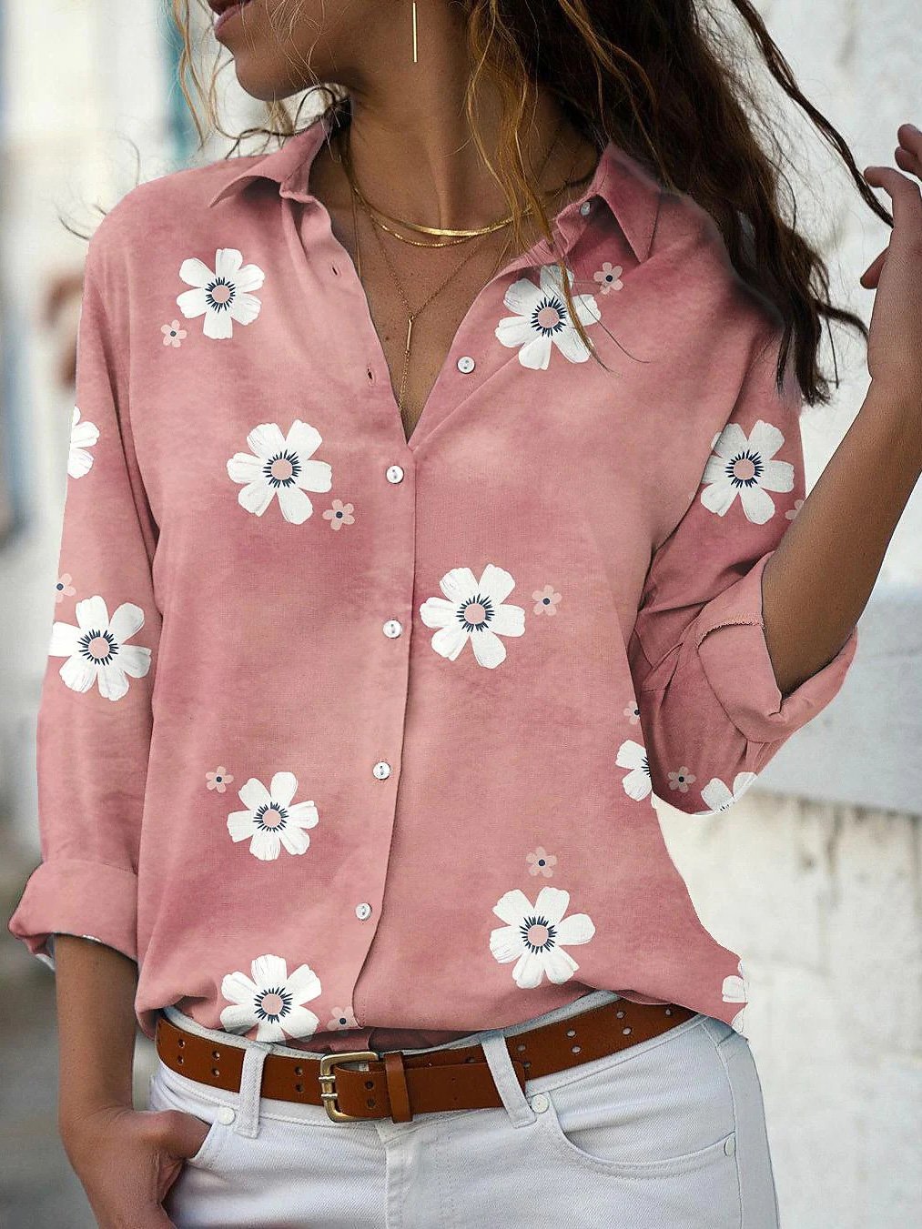 Women's Blouses Flower Lapel Button Long Sleeve Blouse - Blouses - Instastyled | Online Fashion Free Shipping Clothing, Dresses, Tops, Shoes - 02/12/2021 - 20-30 - BLO2112021459