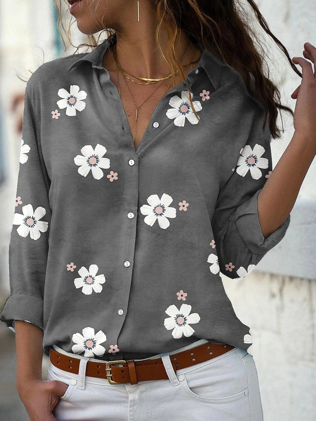 Women's Blouses Flower Lapel Button Long Sleeve Blouse - Blouses - Instastyled | Online Fashion Free Shipping Clothing, Dresses, Tops, Shoes - 02/12/2021 - 20-30 - BLO2112021459