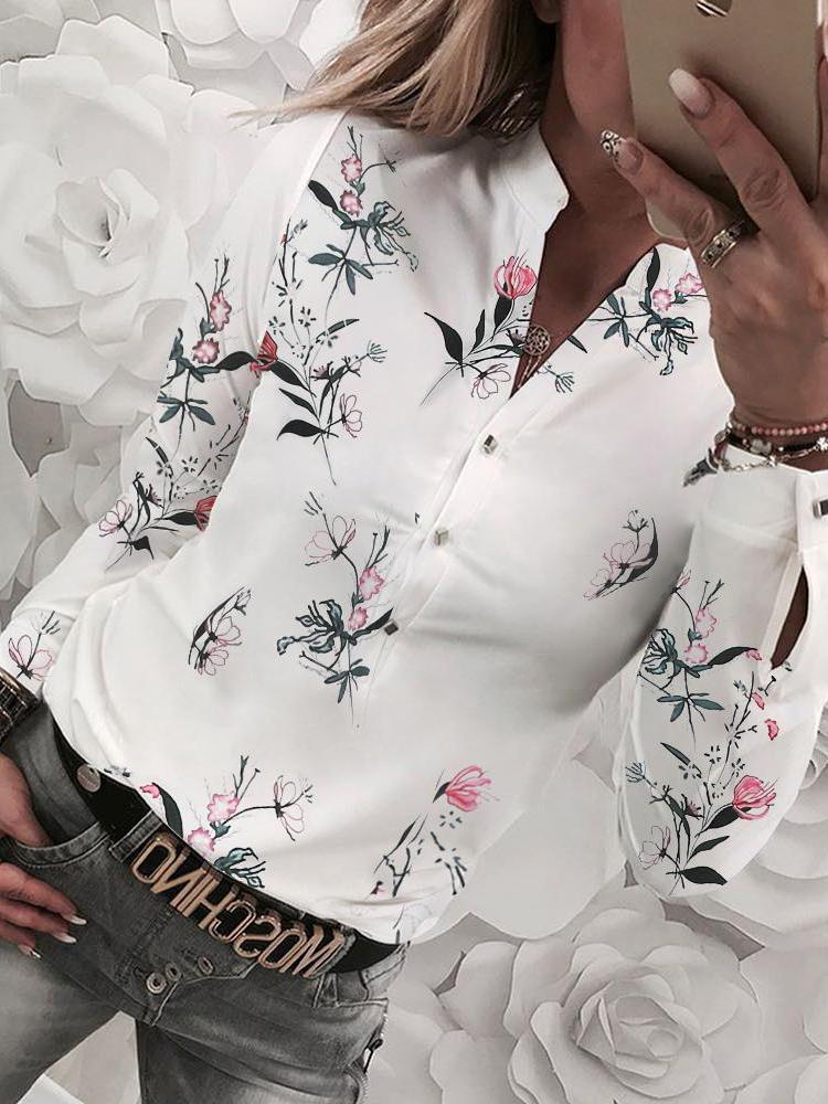 Women's Blouses Flower V-Neck Button Long Sleeve Blouse - Blouses - INS | Online Fashion Free Shipping Clothing, Dresses, Tops, Shoes - 17/11/2021 - 20-30 - BLO2111171439