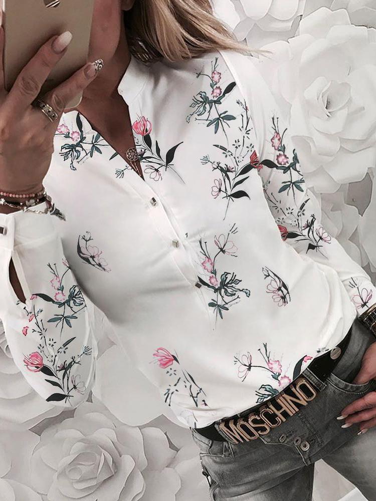 Women's Blouses Flower V-Neck Button Long Sleeve Blouse - Blouses - INS | Online Fashion Free Shipping Clothing, Dresses, Tops, Shoes - 17/11/2021 - 20-30 - BLO2111171439