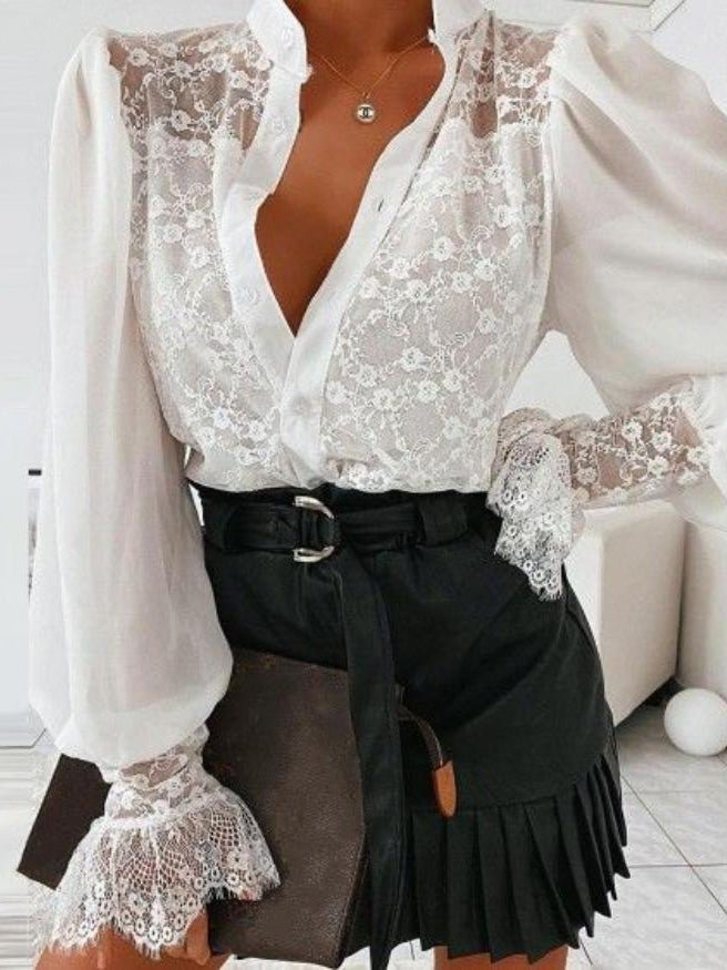 Women's Blouses Lace Button Long Sleeve Blouse - Blouses - Instastyled | Online Fashion Free Shipping Clothing, Dresses, Tops, Shoes - 16/03/2022 - 40-50 - BLO2203161634