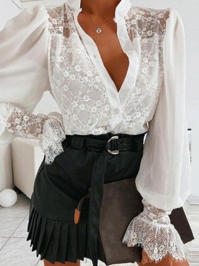 Women's Blouses Lace Button Long Sleeve Blouse - Blouses - Instastyled | Online Fashion Free Shipping Clothing, Dresses, Tops, Shoes - 16/03/2022 - 40-50 - BLO2203161634