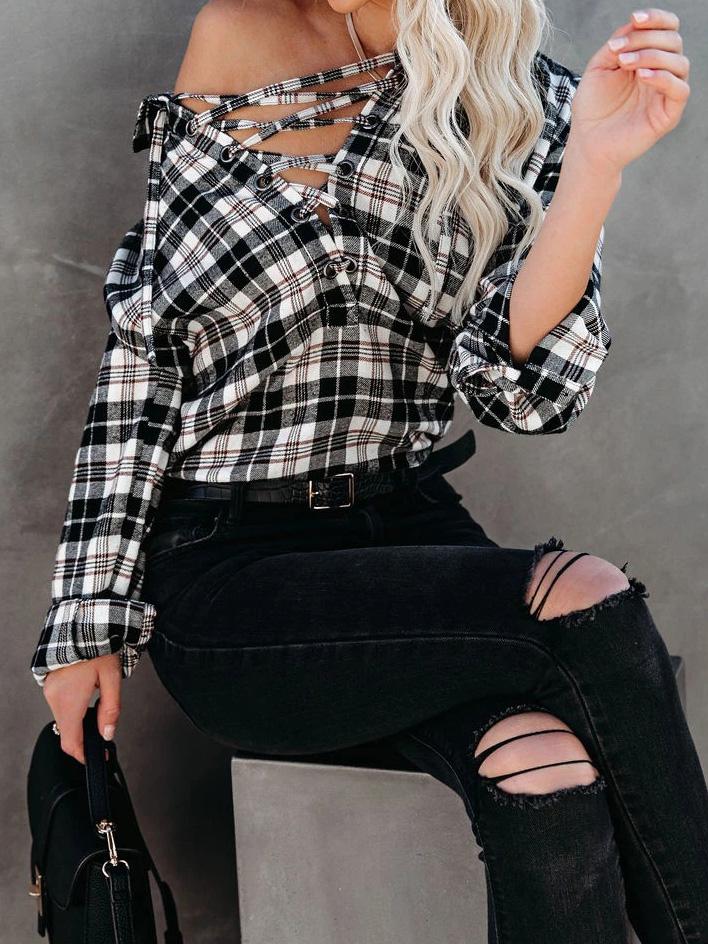 Women's Blouses Plaid Half-Placketed Belted Lapel Comfortable Blouses - Blouses - INS | Online Fashion Free Shipping Clothing, Dresses, Tops, Shoes - 09/08/2021 - 20-30 - BLO2108101300
