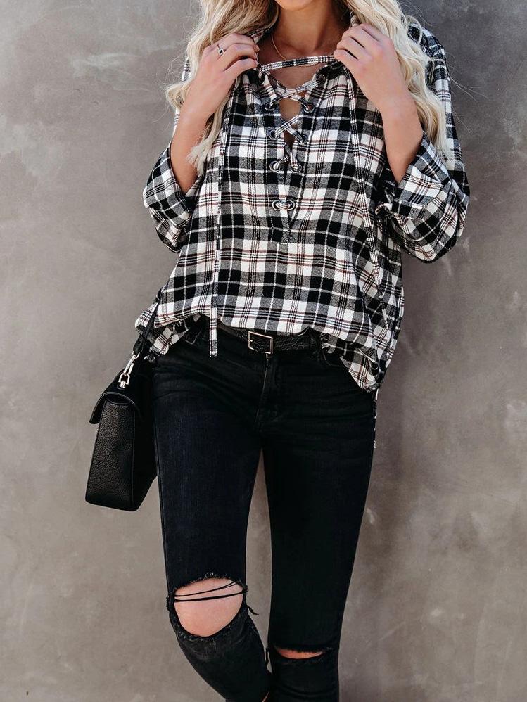 Women's Blouses Plaid Half-Placketed Belted Lapel Comfortable Blouses - Blouses - INS | Online Fashion Free Shipping Clothing, Dresses, Tops, Shoes - 09/08/2021 - 20-30 - BLO2108101300