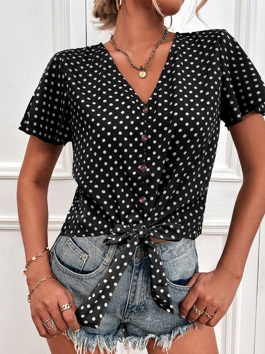 Women's Blouses Polka Dot V-Neck Belted Button Short Sleeve Blouse - Blouses - Instastyled | Online Fashion Free Shipping Clothing, Dresses, Tops, Shoes - 20-30 - 31/03/2022 - BLO2203311651