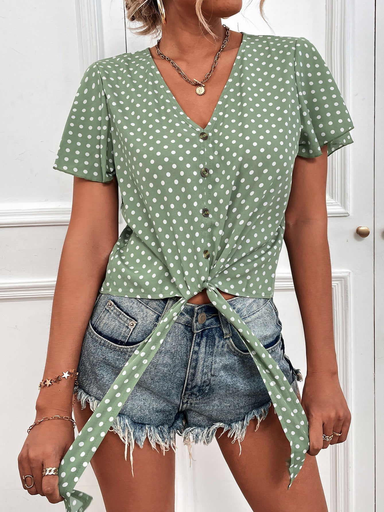 Women's Blouses Polka Dot V-Neck Belted Button Short Sleeve Blouse - Blouses - Instastyled | Online Fashion Free Shipping Clothing, Dresses, Tops, Shoes - 20-30 - 31/03/2022 - BLO2203311651