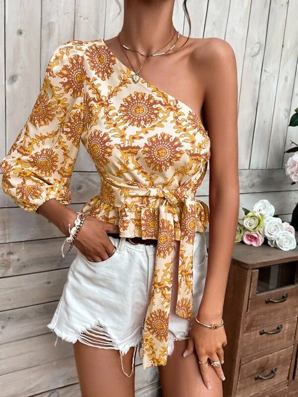 Women's Blouses Printed One-Shoulder Sleeve Ruffle Tie Blouse - Blouses - Instastyled | Online Fashion Free Shipping Clothing, Dresses, Tops, Shoes - 12/04/2022 - 20-30 - BLO2204121665