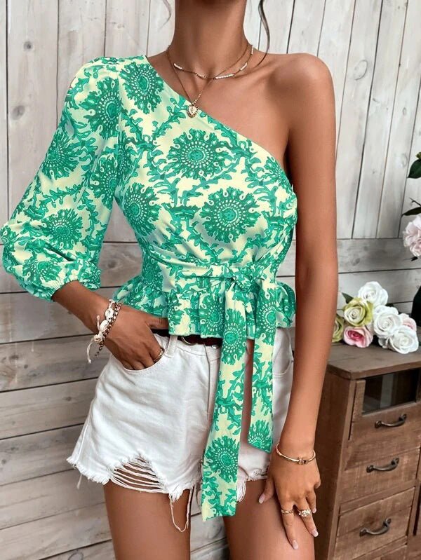 Women's Blouses Printed One-Shoulder Sleeve Ruffle Tie Blouse - Blouses - Instastyled | Online Fashion Free Shipping Clothing, Dresses, Tops, Shoes - 12/04/2022 - 20-30 - BLO2204121665