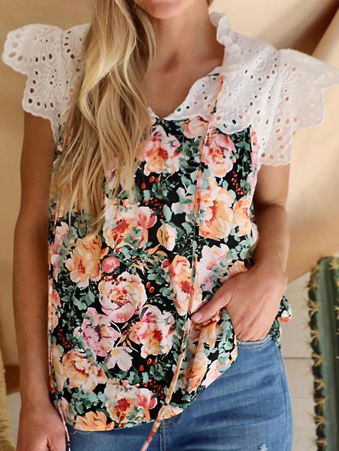 Women's Blouses Printed V-Neck Lace Panel Casual Blouse - Blouses - Instastyled | Online Fashion Free Shipping Clothing, Dresses, Tops, Shoes - 06/04/2022 - 30-40 - BLO2204061652