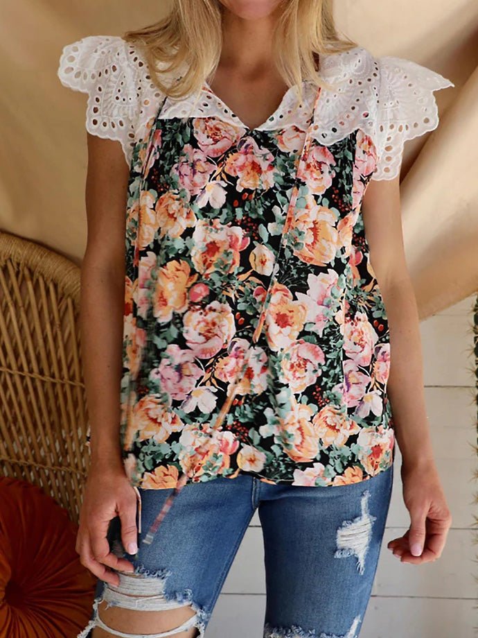Women's Blouses Printed V-Neck Lace Panel Casual Blouse - Blouses - Instastyled | Online Fashion Free Shipping Clothing, Dresses, Tops, Shoes - 06/04/2022 - 30-40 - BLO2204061652