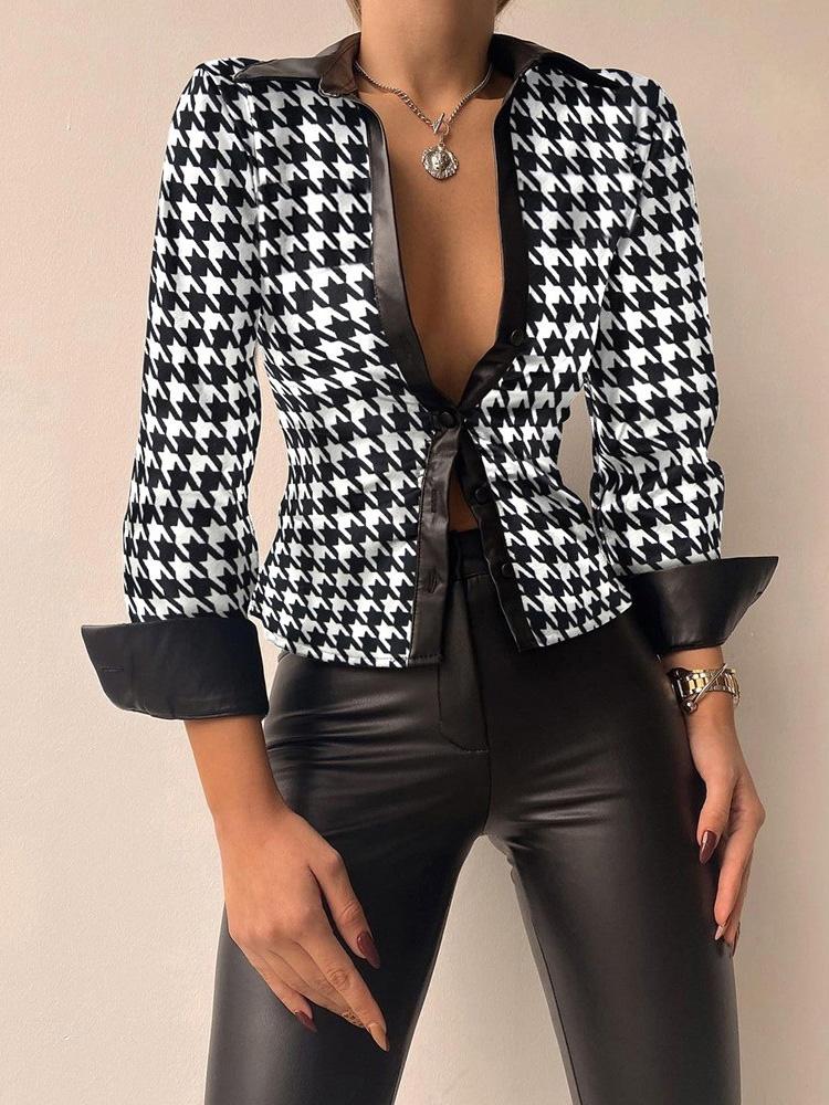 Women's Blouses Printed V-Neck Long Sleeve PU Leather Blouse - Blouses - Instastyled | Online Fashion Free Shipping Clothing, Dresses, Tops, Shoes - 03/12/2021 - 20-30 - BLO2112031462