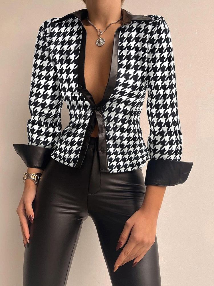 Women's Blouses Printed V-Neck Long Sleeve PU Leather Blouse - Blouses - Instastyled | Online Fashion Free Shipping Clothing, Dresses, Tops, Shoes - 03/12/2021 - 20-30 - BLO2112031462