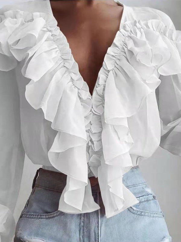 Women's Blouses Ruffled V-Neck Chiffon Long Sleeve Blouse - Blouses - Instastyled | Online Fashion Free Shipping Clothing, Dresses, Tops, Shoes - 30/03/2022 - BLO2203301648 - Blouses