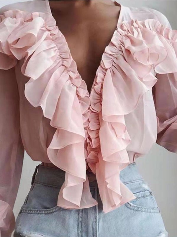 Women's Blouses Ruffled V-Neck Chiffon Long Sleeve Blouse - Blouses - Instastyled | Online Fashion Free Shipping Clothing, Dresses, Tops, Shoes - 30/03/2022 - BLO2203301648 - Blouses