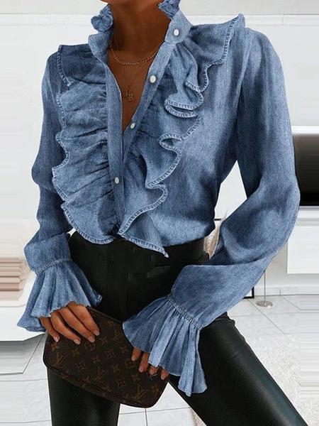 Women's Blouses Ruffled V-Neck Solid Long Sleeve Blouse - Blouses - INS | Online Fashion Free Shipping Clothing, Dresses, Tops, Shoes - 05/11/2021 - 30-40 - BLO2111051412