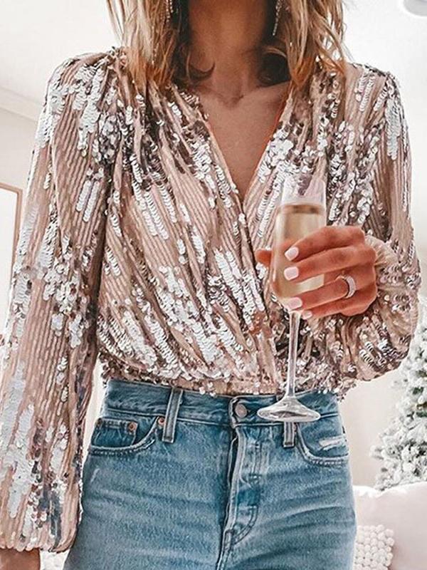 Women's Blouses Sequined V-Neck Long Sleeve Blouse - Blouses - INS | Online Fashion Free Shipping Clothing, Dresses, Tops, Shoes - 12/11/2021 - 30-40 - BLO2111121426