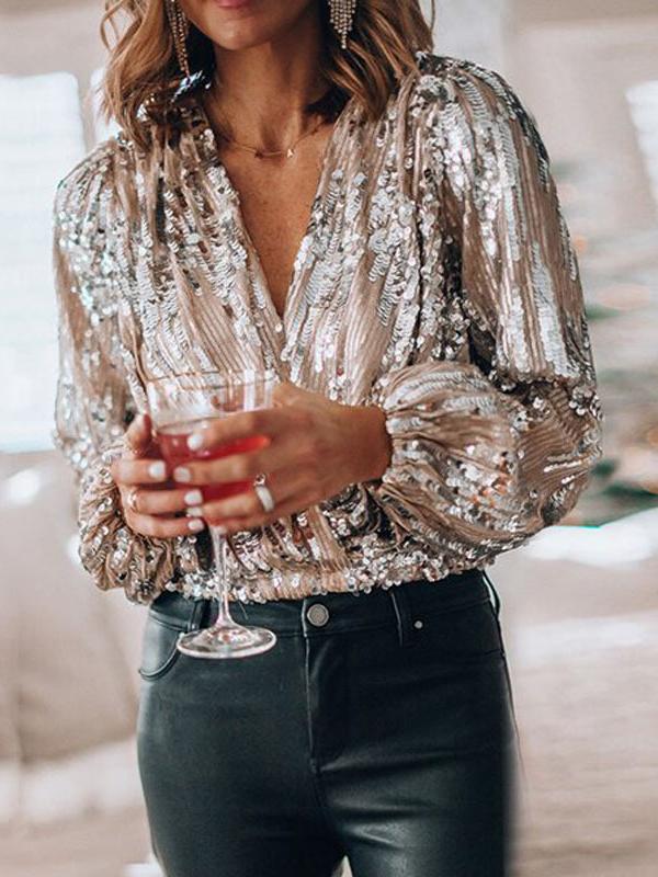 Women's Blouses Sequined V-Neck Long Sleeve Blouse - Blouses - INS | Online Fashion Free Shipping Clothing, Dresses, Tops, Shoes - 12/11/2021 - 30-40 - BLO2111121426