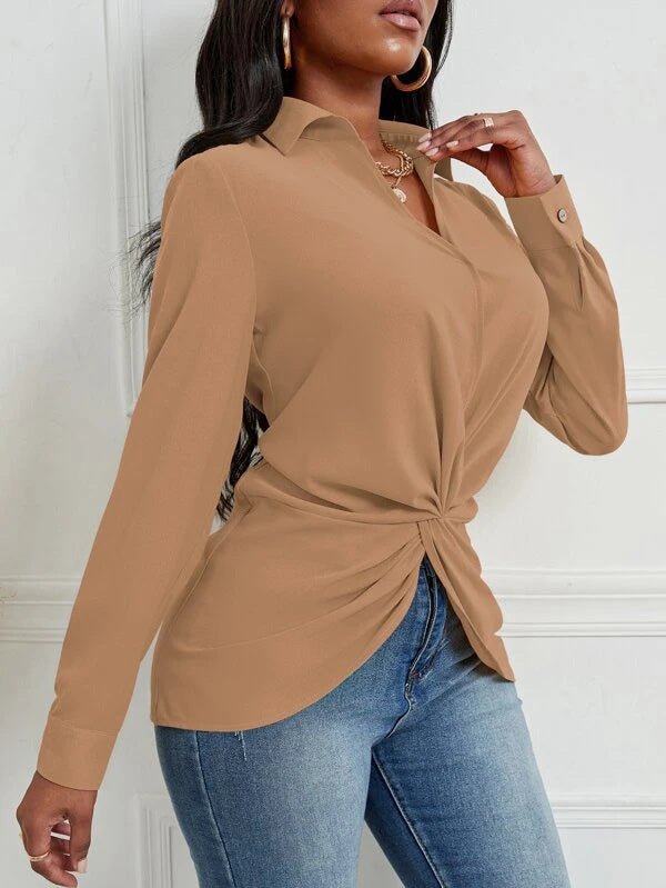 Women's Blouses Solid Lapel Knotted Long Sleeve Blouse - Blouses - Instastyled | Online Fashion Free Shipping Clothing, Dresses, Tops, Shoes - 14/03/2022 - 30-40 - BLO2203141626