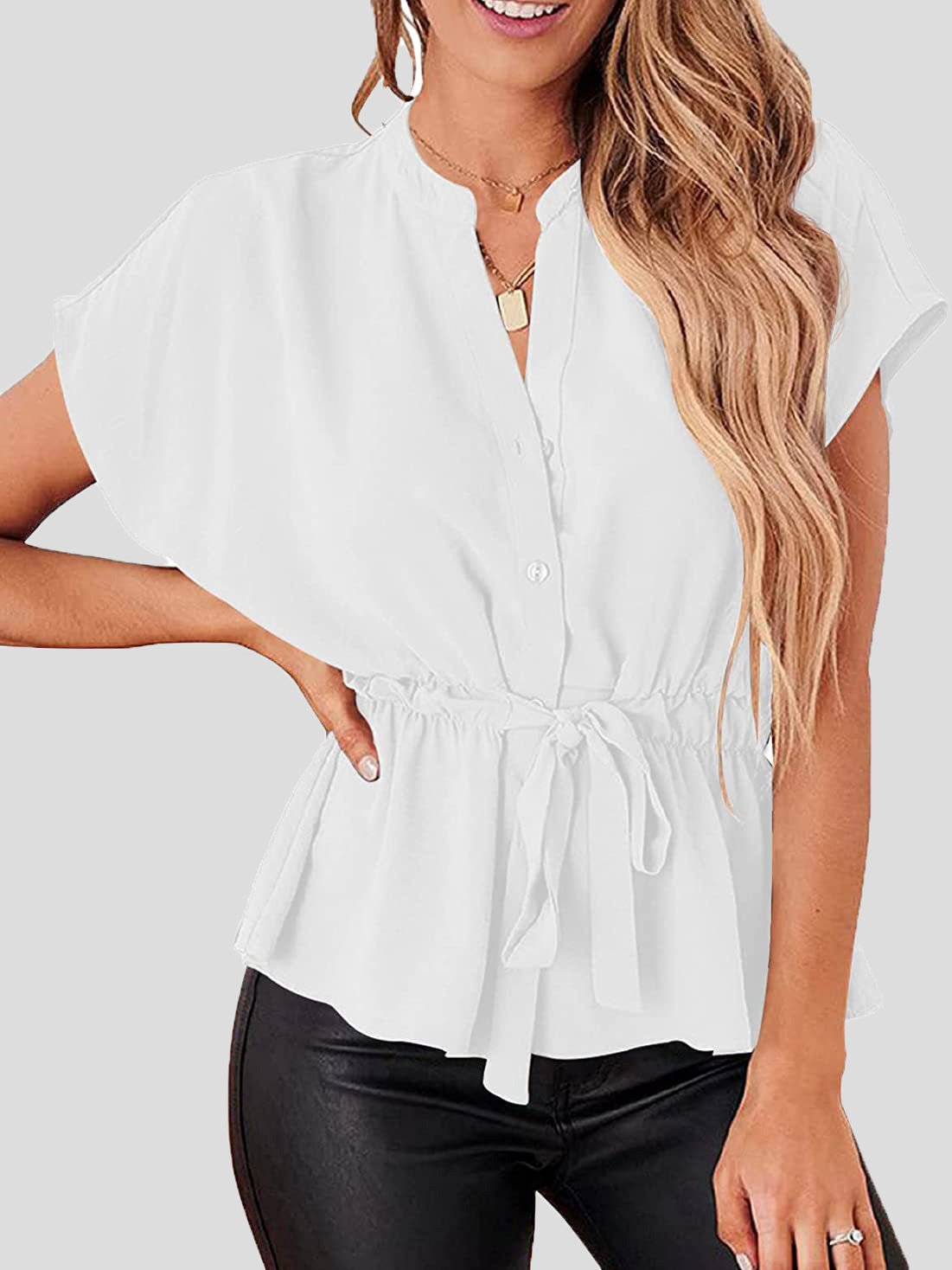 Women's Blouses Solid V-Neck Button Belted Blouse - Blouses - Instastyled | Online Fashion Free Shipping Clothing, Dresses, Tops, Shoes - 25/02/2022 - 30-40 - BLO2202251599