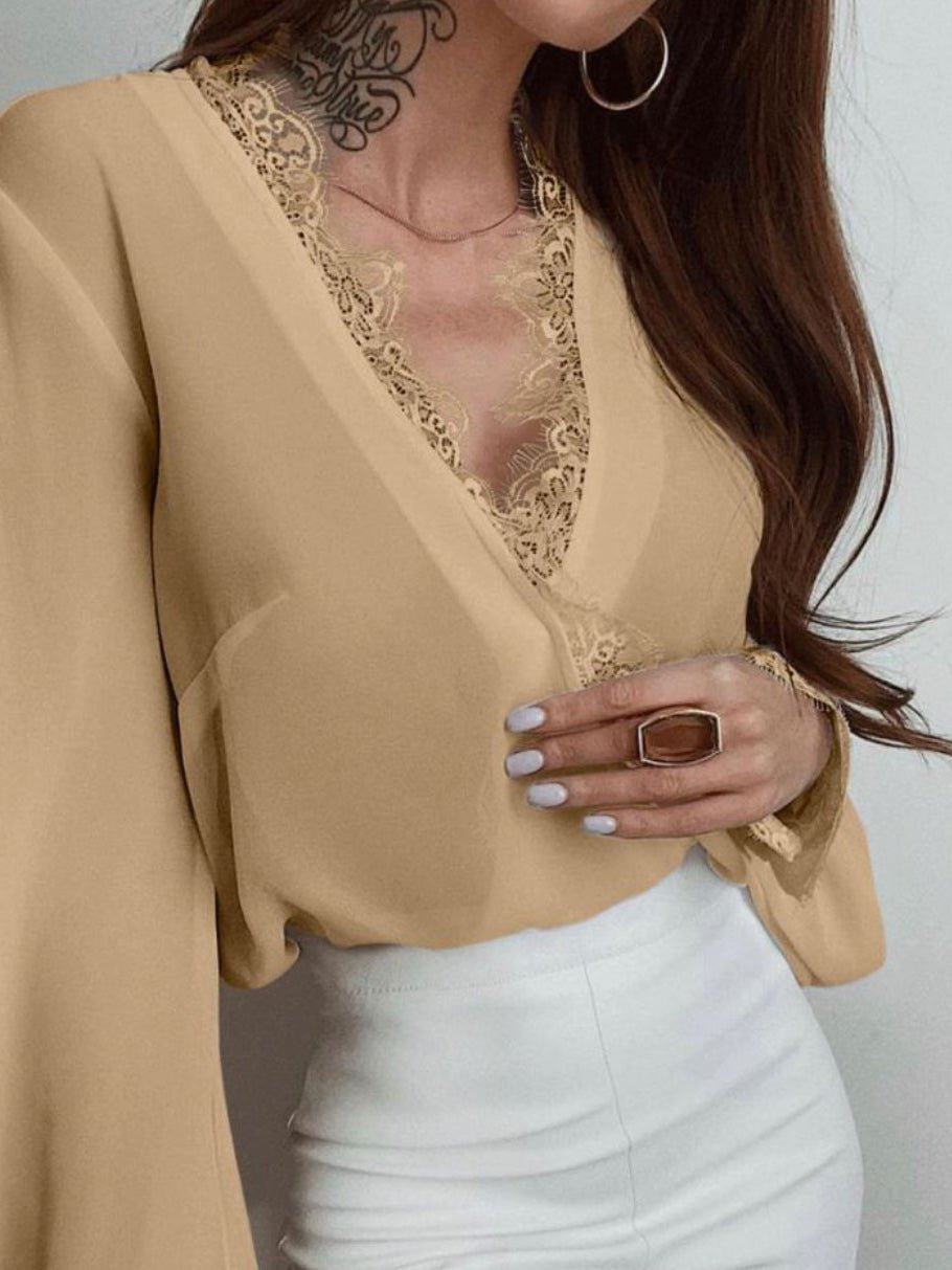 Women's Blouses V-Neck Lace Panel Long Sleeve Blouse - Blouses - Instastyled | Online Fashion Free Shipping Clothing, Dresses, Tops, Shoes - 14/03/2022 - 20-30 - BLO2203141627