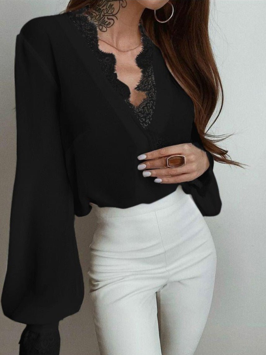 Women's Blouses V-Neck Lace Panel Long Sleeve Blouse - Blouses - Instastyled | Online Fashion Free Shipping Clothing, Dresses, Tops, Shoes - 14/03/2022 - 20-30 - BLO2203141627