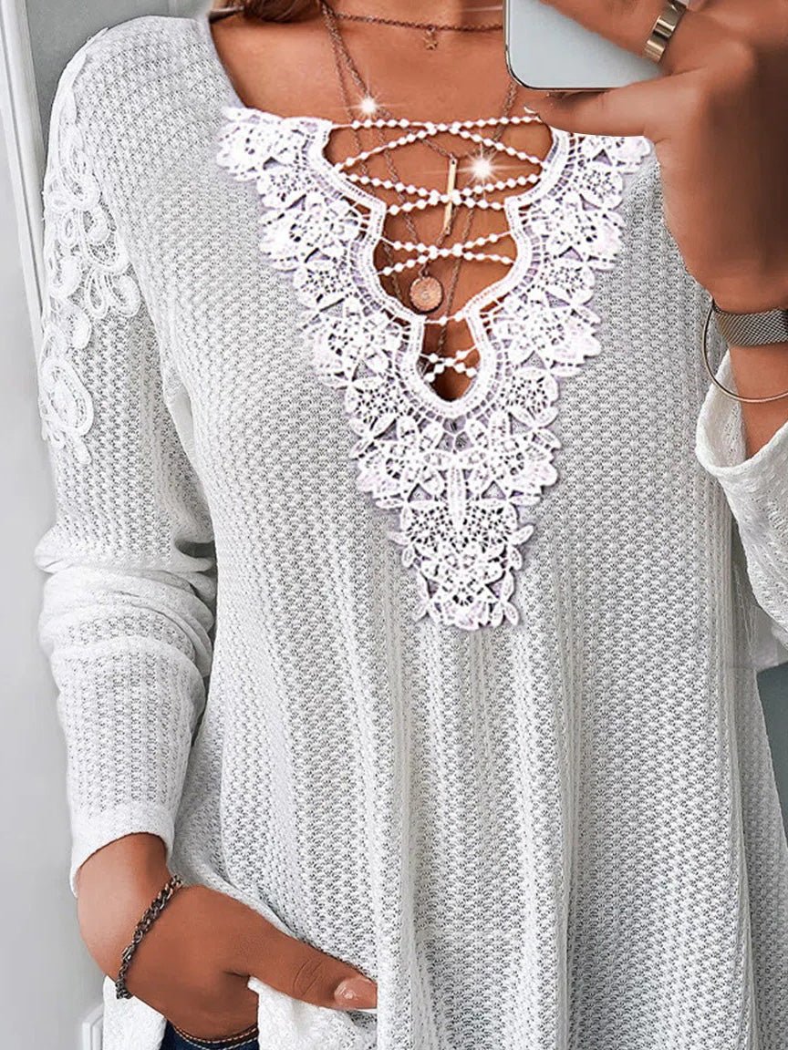 Women's Blouses V-Neck Lace Stitching Long Sleeve Blouse - Blouses - Instastyled | Online Fashion Free Shipping Clothing, Dresses, Tops, Shoes - 17/02/2022 - 20-30 - BLO2202171581