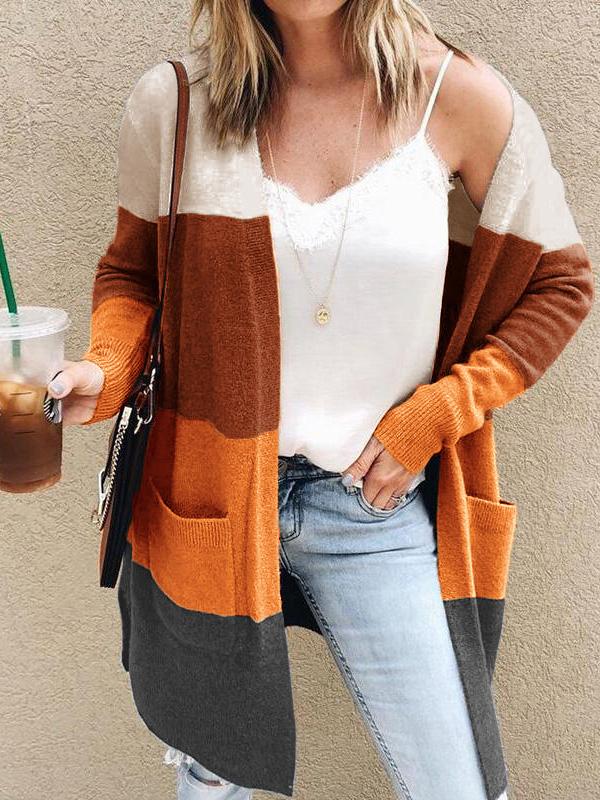 Women's Cardigans Large Pocket Long Striped Color Matching Cardigan - Cardigans - INS | Online Fashion Free Shipping Clothing, Dresses, Tops, Shoes - 11/08/2021 - 40-50 - CAR2108121116