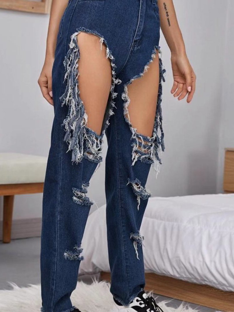 Women's Casual Big Ripped Fringed Denim Pants - Jeans - INS | Online Fashion Free Shipping Clothing, Dresses, Tops, Shoes - 10/05/2021 - Color_Navy Blue - DEN210510143