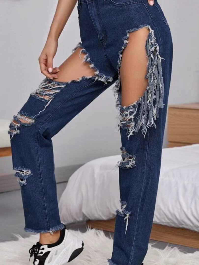 Women's Casual Big Ripped Fringed Denim Pants - Jeans - INS | Online Fashion Free Shipping Clothing, Dresses, Tops, Shoes - 10/05/2021 - Color_Navy Blue - DEN210510143