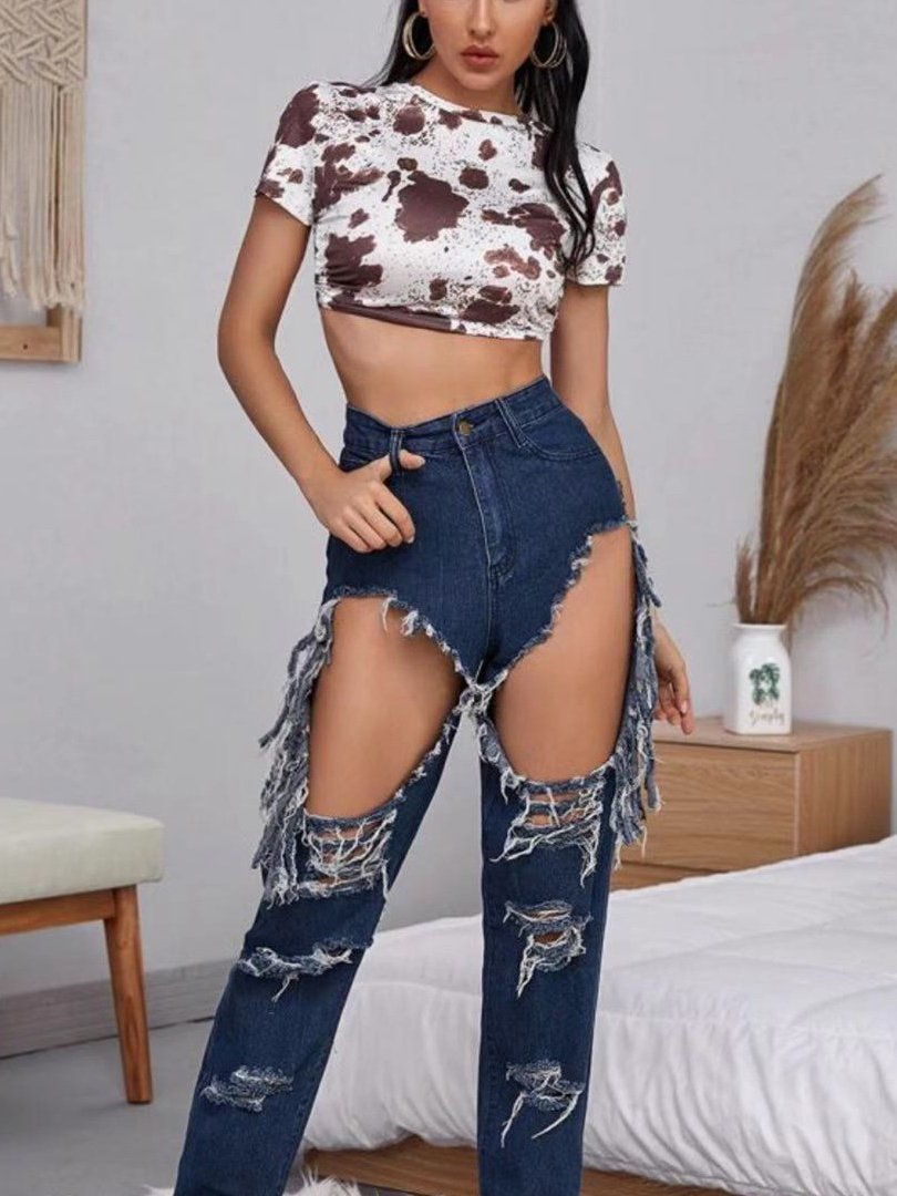 Women's Casual Big Ripped Fringed Denim Pants - Jeans - INS | Online Fashion Free Shipping Clothing, Dresses, Tops, Shoes - 10/05/2021 - Color_Navy Blue - DEN210510143