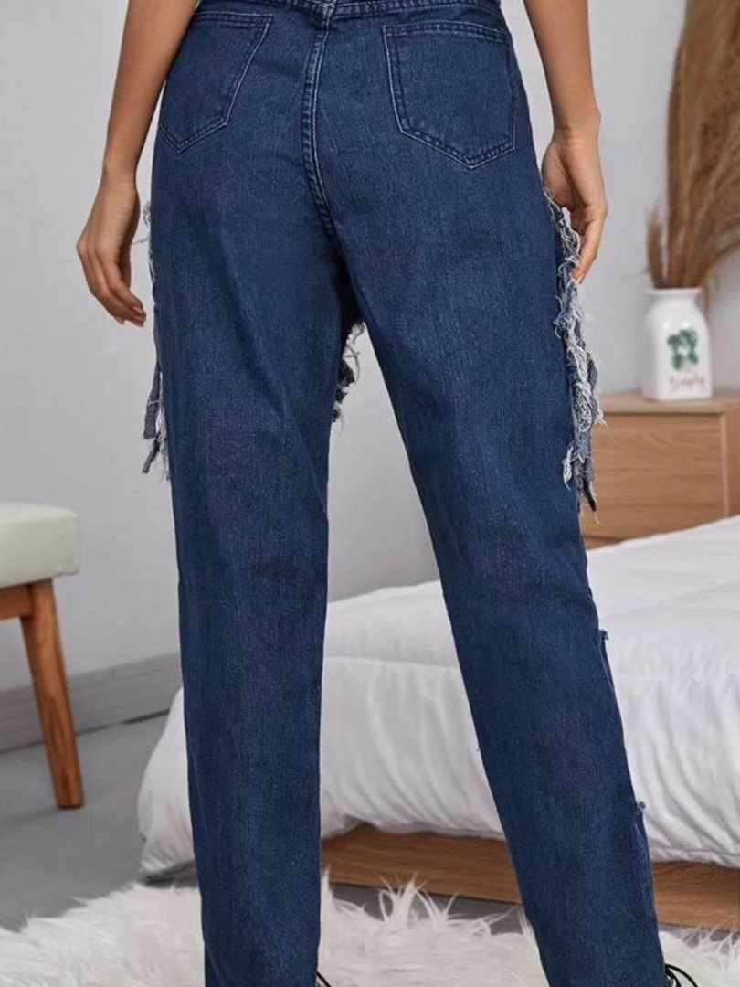 Women's Casual Big Ripped Fringed Denim Pants - Jeans - INS | Online Fashion Free Shipping Clothing, Dresses, Tops, Shoes - 10/05/2021 - Color_Navy Blue - DEN210510143