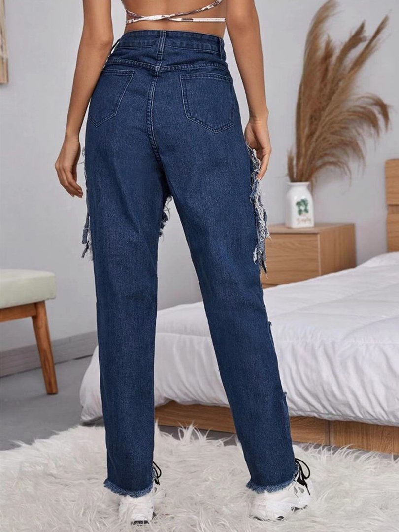 Women's Casual Big Ripped Fringed Denim Pants - Jeans - INS | Online Fashion Free Shipping Clothing, Dresses, Tops, Shoes - 10/05/2021 - Color_Navy Blue - DEN210510143