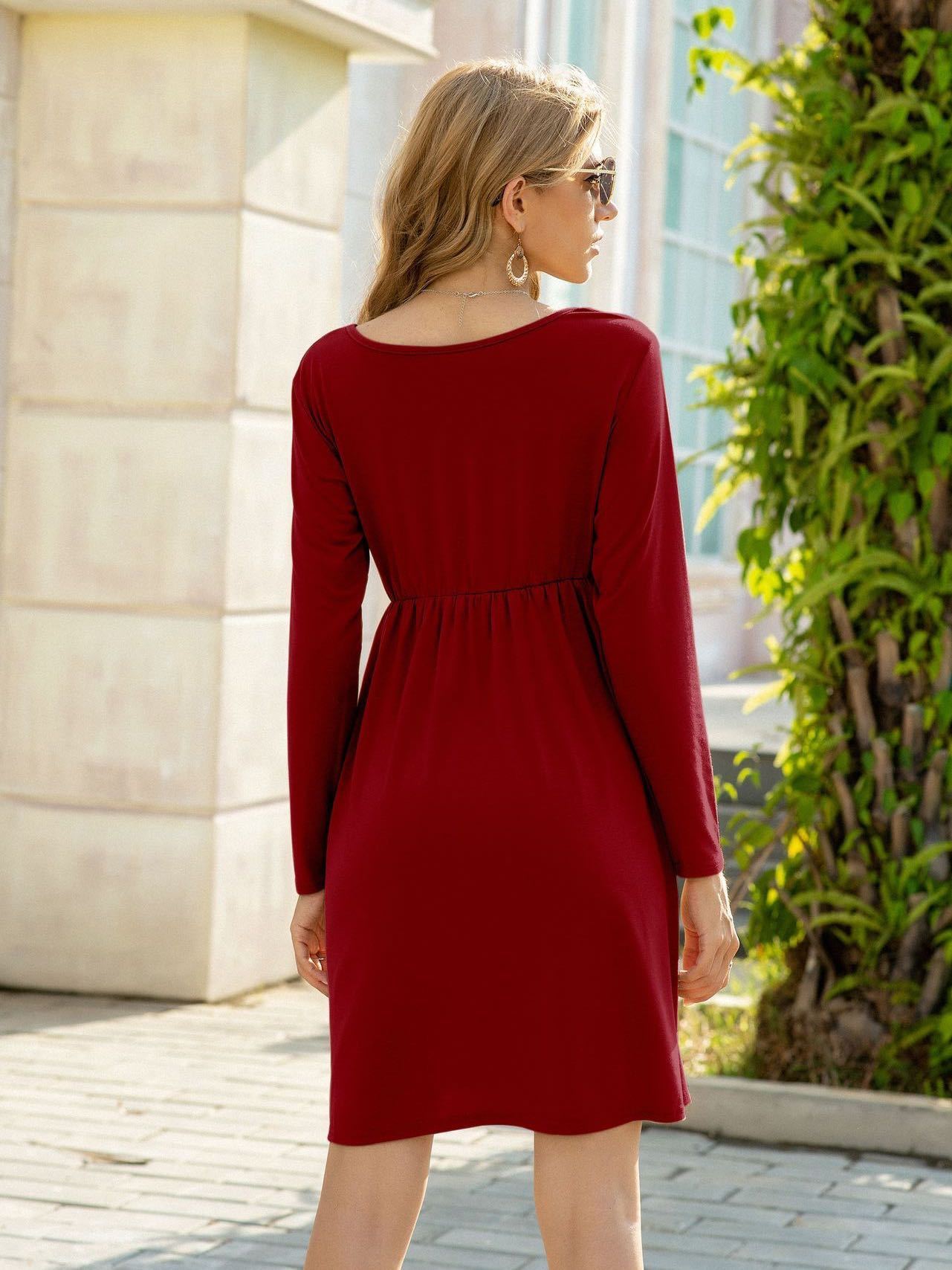 Women's Casual Pure Color Crewneck Dress - INS | Online Fashion Free Shipping Clothing, Dresses, Tops, Shoes