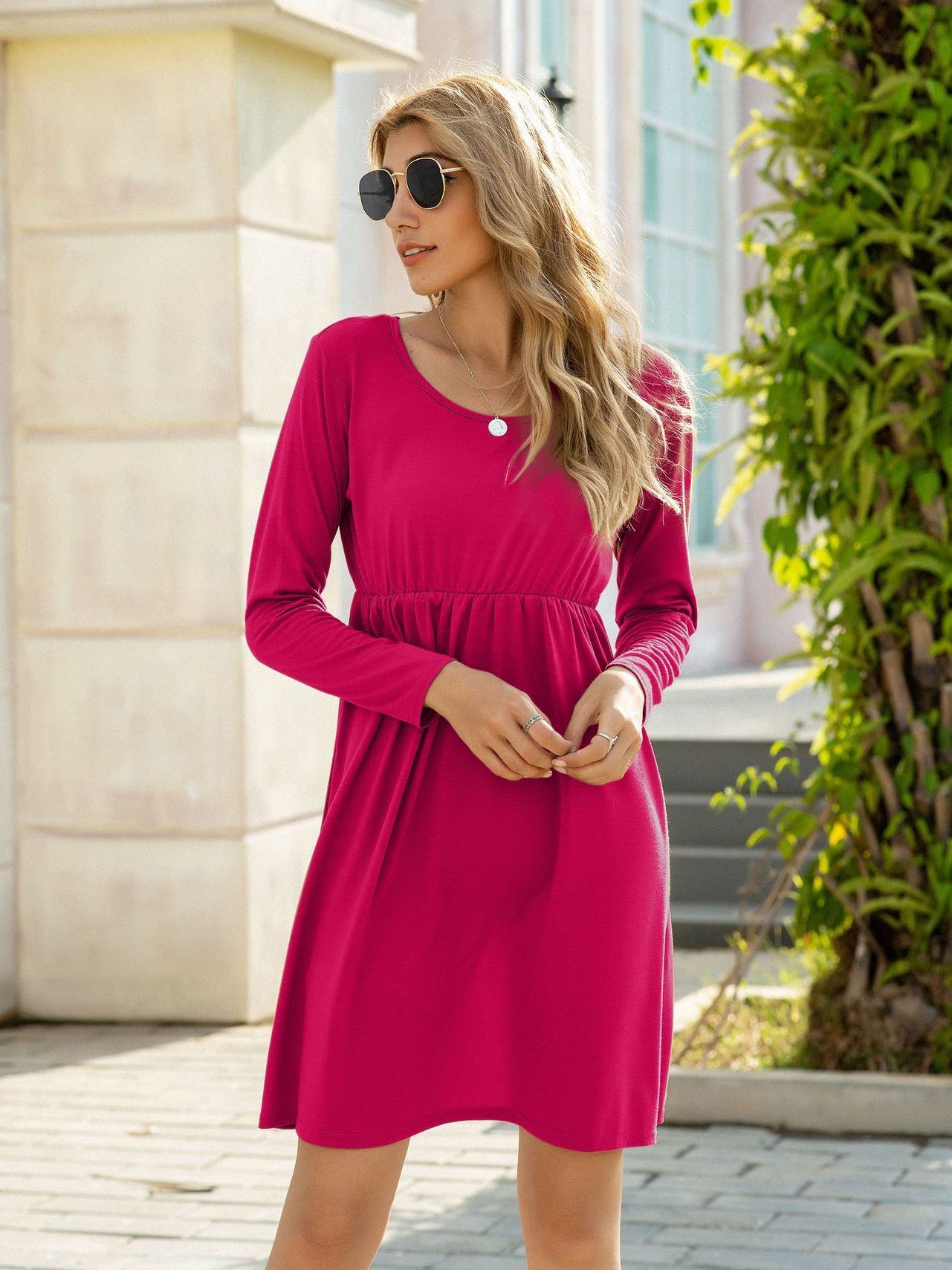 Women's Casual Pure Color Crewneck Dress - INS | Online Fashion Free Shipping Clothing, Dresses, Tops, Shoes