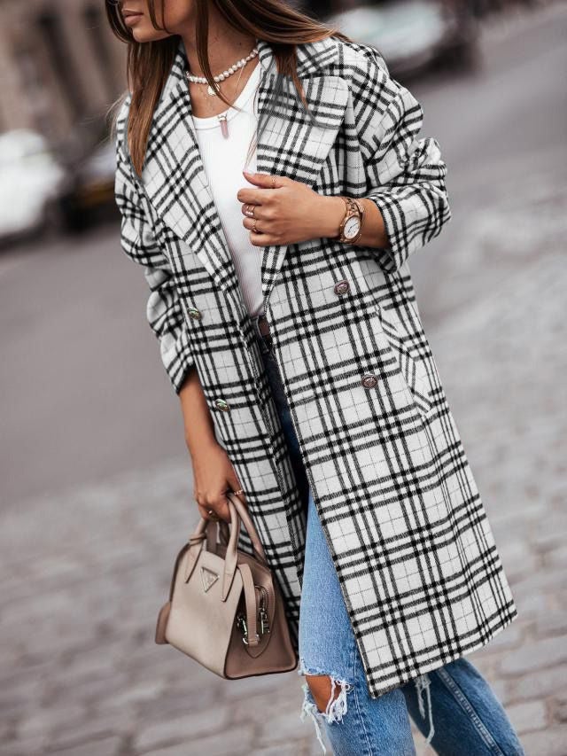 Women's Coats Checked Lapel Mid-Length Coat - Coats & Jackets - Instastyled | Online Fashion Free Shipping Clothing, Dresses, Tops, Shoes - 20/01/2022 - 40-50 - COA2201201376