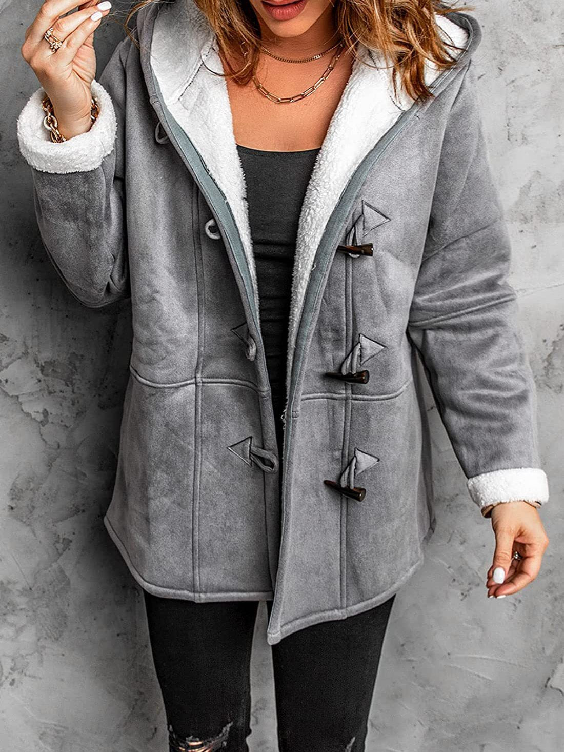 Women's Coats Horn Button Hooded Mid-Length Coat - Coats & Jackets - INS | Online Fashion Free Shipping Clothing, Dresses, Tops, Shoes - 20/11/2021 - 40-50 - COA2111201323