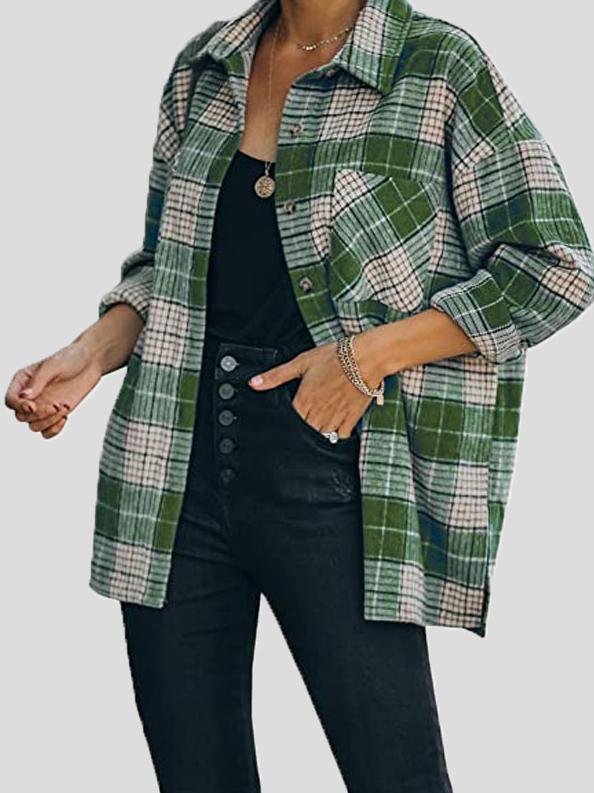 Women's Coats Lapel Check Long Sleeve Split Shirt Coat - Coats & Jackets - INS | Online Fashion Free Shipping Clothing, Dresses, Tops, Shoes - 23/10/2021 - 30-40 - COA2110231245