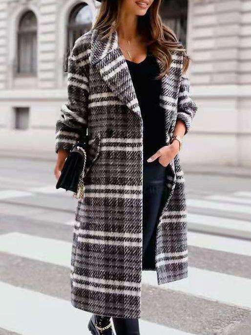 Women's Coats Lapel Plaid Long Sleeve Long Woolen Coat - Coats & Jackets - Instastyled | Online Fashion Free Shipping Clothing, Dresses, Tops, Shoes - 08/12/2021 - COA2112091350 - Coats & Jackets