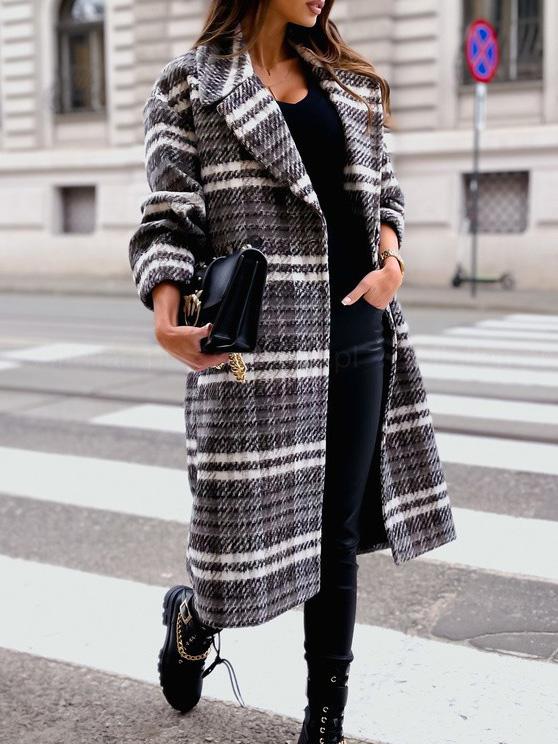 Women's Coats Lapel Plaid Long Sleeve Long Woolen Coat - Coats & Jackets - Instastyled | Online Fashion Free Shipping Clothing, Dresses, Tops, Shoes - 08/12/2021 - COA2112091350 - Coats & Jackets